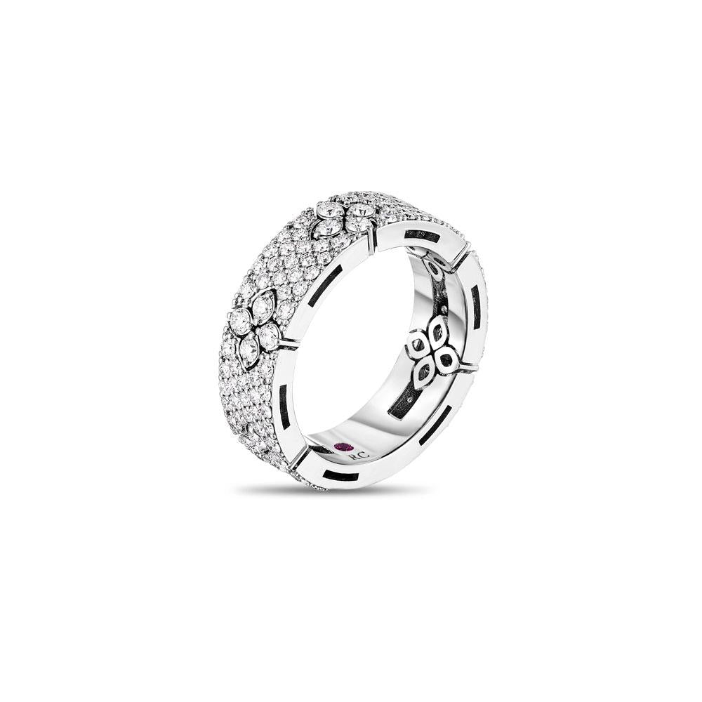 Roberto Coin Love in Verona ring in 18ct white gold featuring pavé diamond flower clusters totalling 1.40ct and a signature hidden ruby inside the band.