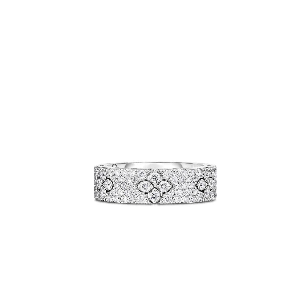 Roberto Coin Love in Verona ring in 18ct white gold featuring pavé diamond flower clusters totalling 1.40ct and a signature hidden ruby inside the band.