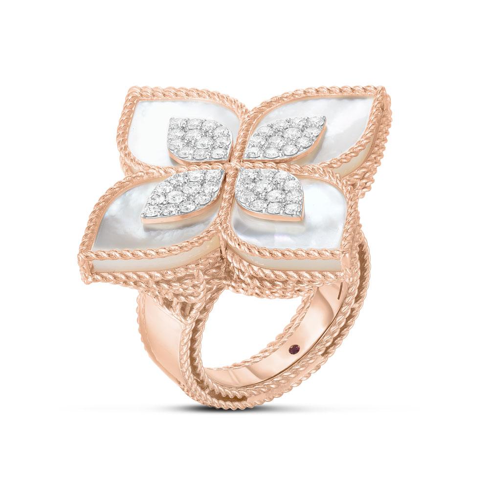 Roberto Coin Princess Flower ring in 18ct rose and white gold featuring mother of pearl petals, diamond detailing, rope edge design, and signature hidden ruby inside the band.