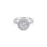 18ct white gold diamond halo ring featuring a 1.00ct round brilliant cut centre diamond with bead-set halo, undercarriage, and shoulders with millgrain finish.