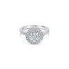 18ct white gold diamond halo ring featuring a 1.00ct round brilliant cut centre diamond with bead-set halo, undercarriage, and shoulders with millgrain finish.