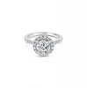 18ct white gold diamond halo ring featuring a 1.01ct round brilliant cut centre diamond with a circular diamond halo and claw-set shoulders.