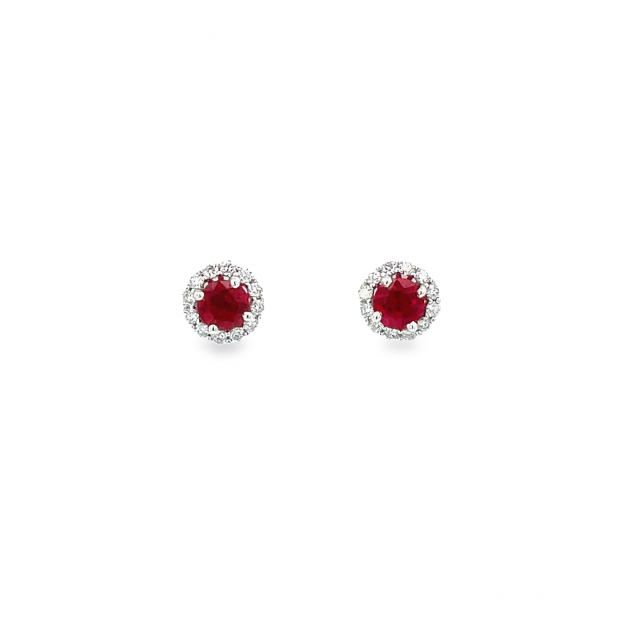 18ct white gold stud earrings featuring 5mm round rubies surrounded by circular diamond halos in claw settings with post and butterfly fittings.