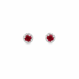 18ct white gold stud earrings featuring 5mm round rubies surrounded by circular diamond halos in claw settings with post and butterfly fittings.