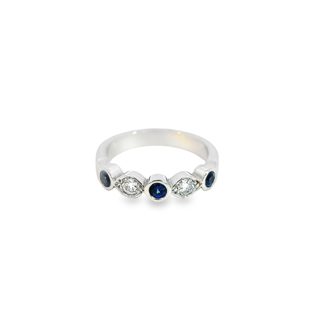 18ct white gold ring featuring three round cut sapphires and two round brilliant cut diamonds in alternating round and marquise-shaped settings.