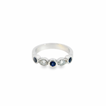 18ct white gold ring featuring three round cut sapphires and two round brilliant cut diamonds in alternating round and marquise-shaped settings.