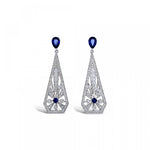 18ct white gold drop earrings with sunray-style sapphire and diamond clusters, tapered cut-out drops, and post and butterfly fittings.