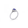 18ct white gold ring featuring a 0.45ct oval cut tanzanite surrounded by twelve round brilliant cut diamonds in an elegant oval cluster design.
