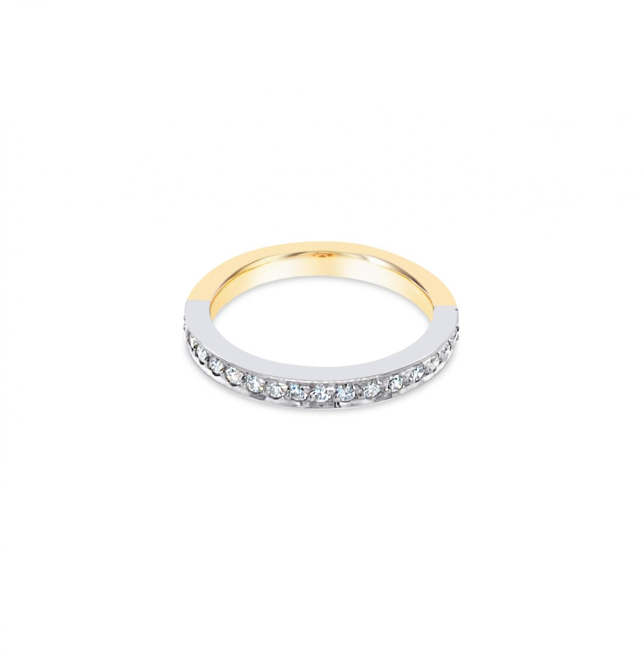 18ct two-tone gold wedding ring featuring sixteen round brilliant cut diamonds totalling 0.24ct in bead settings across the band.