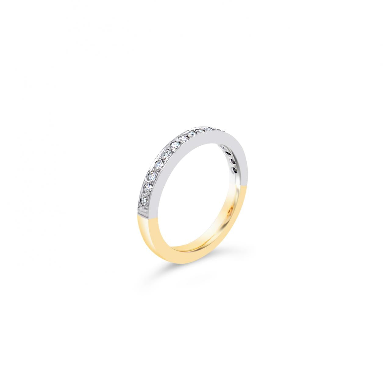 18ct two-tone gold wedding ring featuring sixteen round brilliant cut diamonds totalling 0.24ct in bead settings across the band.