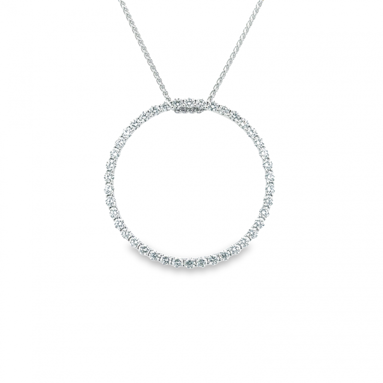 18ct white gold Circle of Life pendant, 30mm diameter, claw set with 42 round brilliant cut diamonds (1.61ct total) and concealed pendant runner.