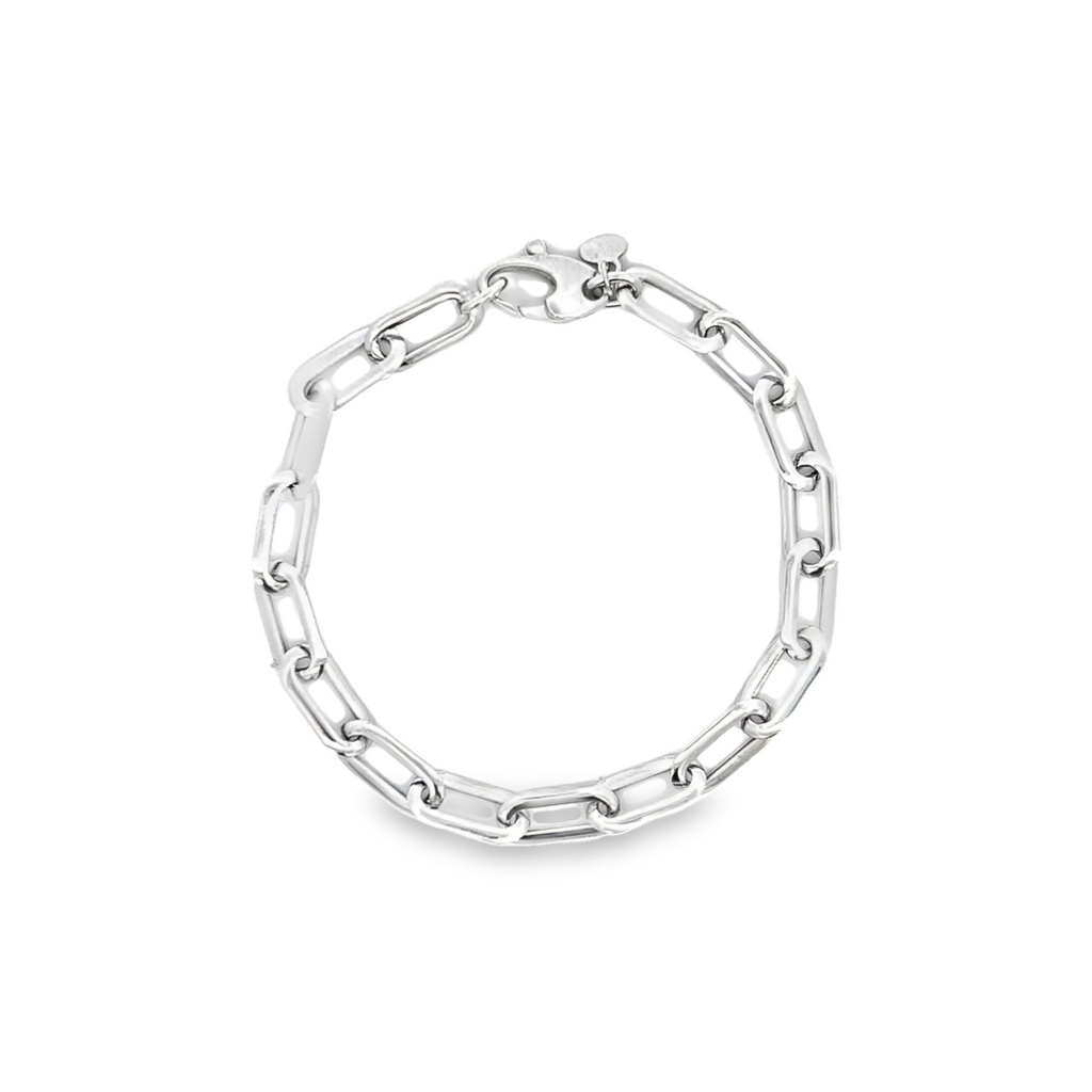9ct white gold bracelet featuring elongated oval links with a polished finish and a parrot clasp.