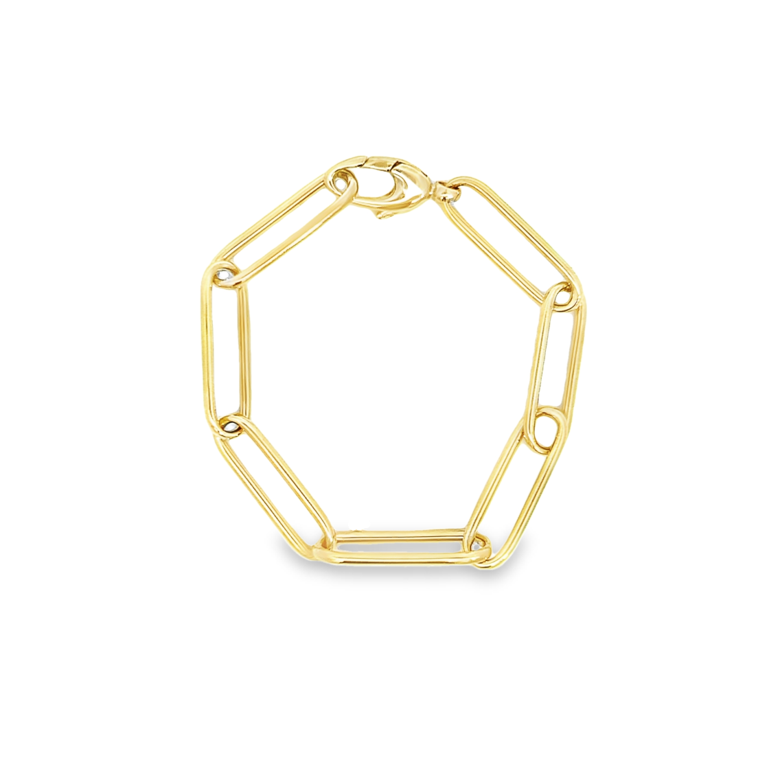 9ct yellow gold bracelet featuring elongated 30x9mm oval paperclip links with a polished finish and a fancy clasp.