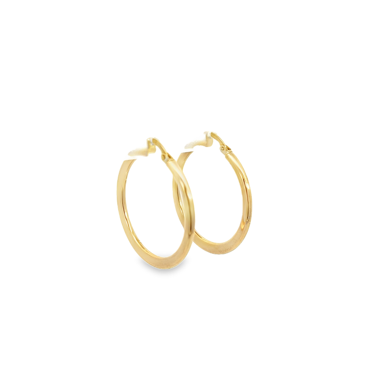 9ct yellow gold hoop earrings featuring a 30mm diameter with a flattened section at the base and post and clip fittings.