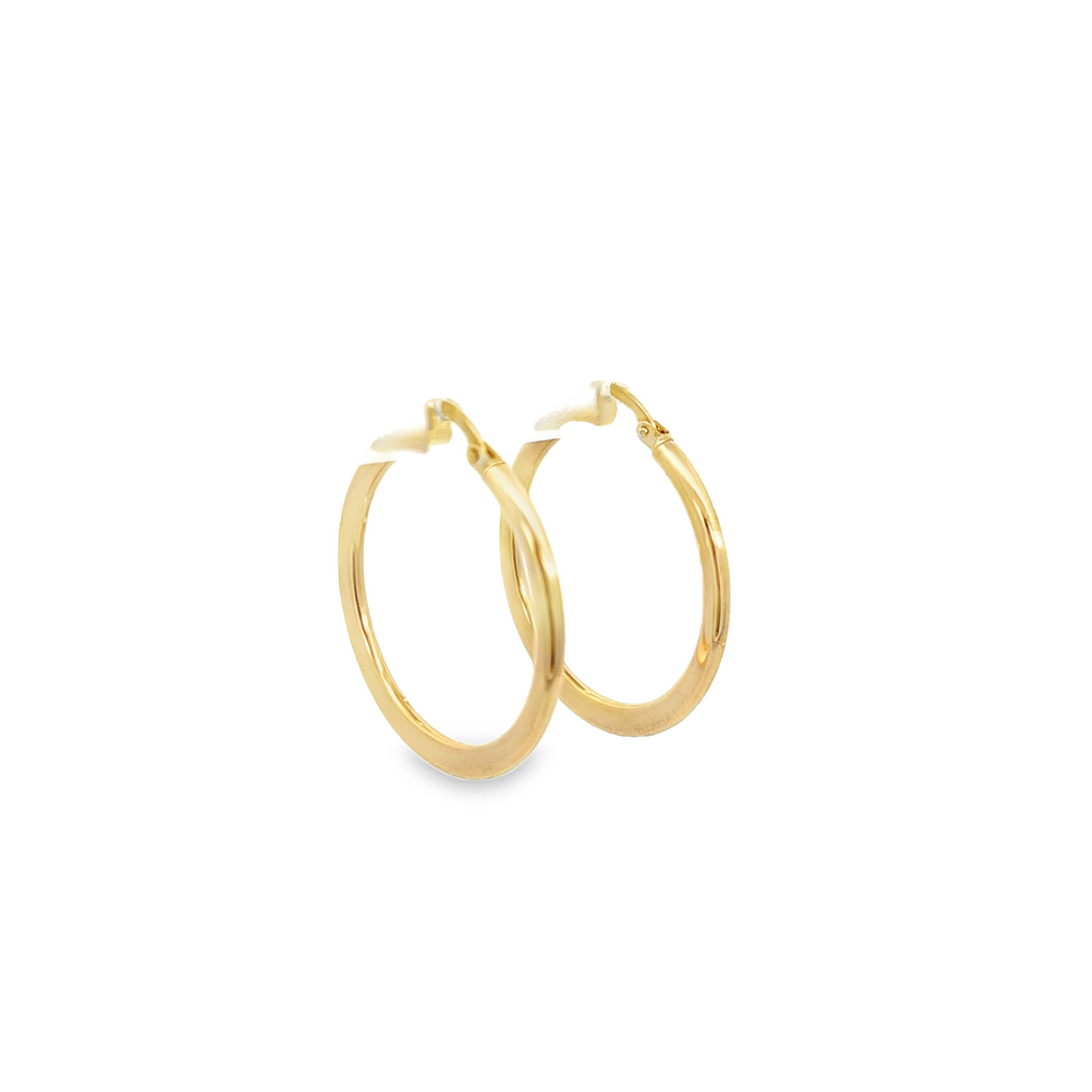 9ct yellow gold hoop earrings featuring a 30mm diameter with a flattened section at the base and post and clip fittings.